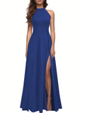 Solid Color High Neck Side Slit Long Evening Gown for Women - Slimming Elegant Formal Dress for Banquets and Parties