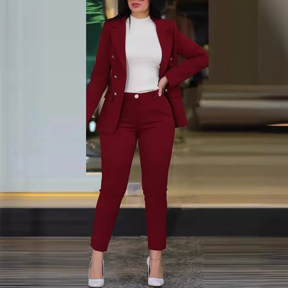 Conjunto de 2 piezas de ropa de oficina para mujer, chaqueta blazer de manga larga y pantalones pitillo de cintura alta, color liso