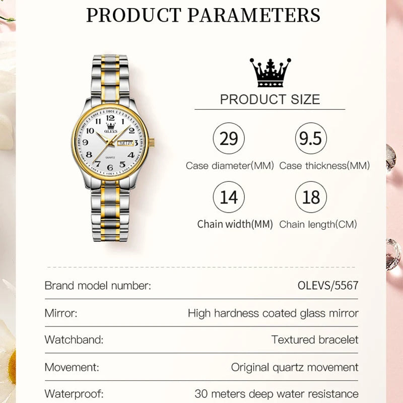 Relogio feminino de luxo bicolor aço inoxidavel e calendario duplo