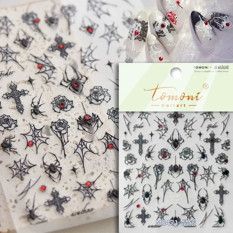 1 piece 5D Spider Web Nail Sticker Cross Silver White Black Glitter Transparent Rhinestone Rose Self-Adhesive Nail Art Sticker
