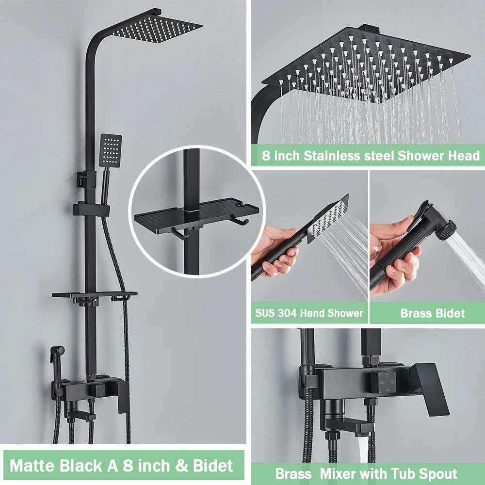 Rainfall Bathroom Shower Faucet Kit With Bidet Wall Mounted Stainless Steel Hot Cold Water Mixer Tap System With Rack,Tub Spout