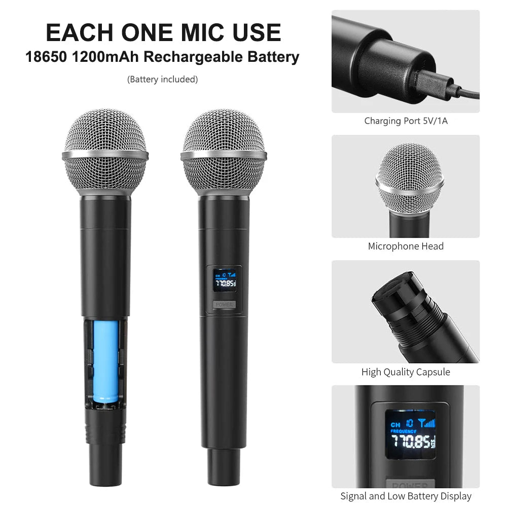 UHF Wireless Dual Handheld Dynamic Microphone Karaoke Microphone with Rechargeable Receiver for Wedding Party Speech Church Club
