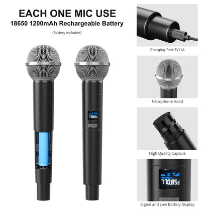 UHF Wireless Dual Handheld Dynamic Microphone Karaoke Microphone with Rechargeable Receiver for Wedding Party Speech Church Club