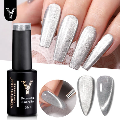 Esmalte de uñas en gel YOKEFELLOW Cat Eye de 10 ml, esmalte de uñas magnético plateado, esmalte de uñas en gel profesional para manicura DIY.