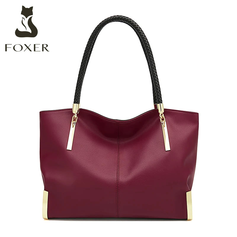 FOXER Genuine Leather Lady's Handbag Elegant Luxury Design Women Shoulder Bag Large Capacity Tote Bag Best Gift for Mom, Wife