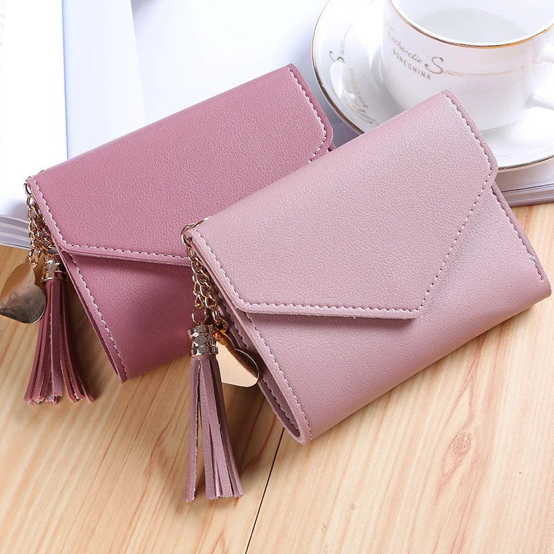 Carteras cortas de moda para mujer, de piel sintética, de lujo, con borlas, con broche, monedero pequeño, tarjetero