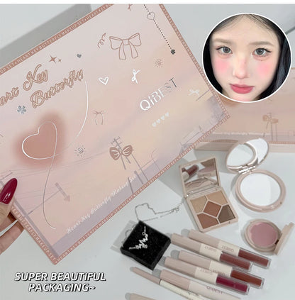 QIBEST Multipurpose Makeup Set 4pc Double Head Lip Glaze, Face Pressed Powder,Blusher,Eyeshadow, Eyebrow Pencil,Eyeliner,Lip Oil