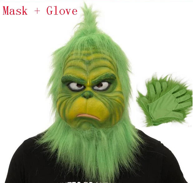 Christmas Green Haired Cosplay Mask Full Head Latex Halloween Xmas Costume Prop