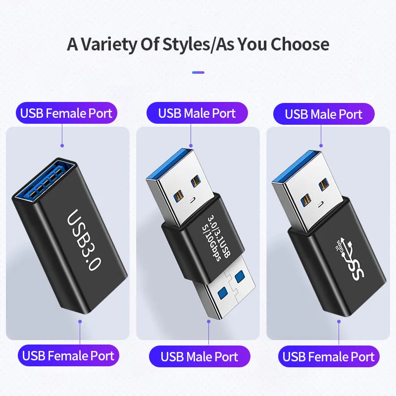 Conector USB 3.0, adaptador USB a USB de 5 Gbps Gen1, macho a macho, hembra, convertidor USB, cable extensor para SSD y HDD, enchufe de extensión USB 3.0.