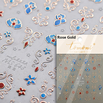 Flash Dreamy Chinese Flower Window Butterfly Glazed Rococo Geometric Frame Stamp Embossed Relief Nail Art Sticker Manicure Decal