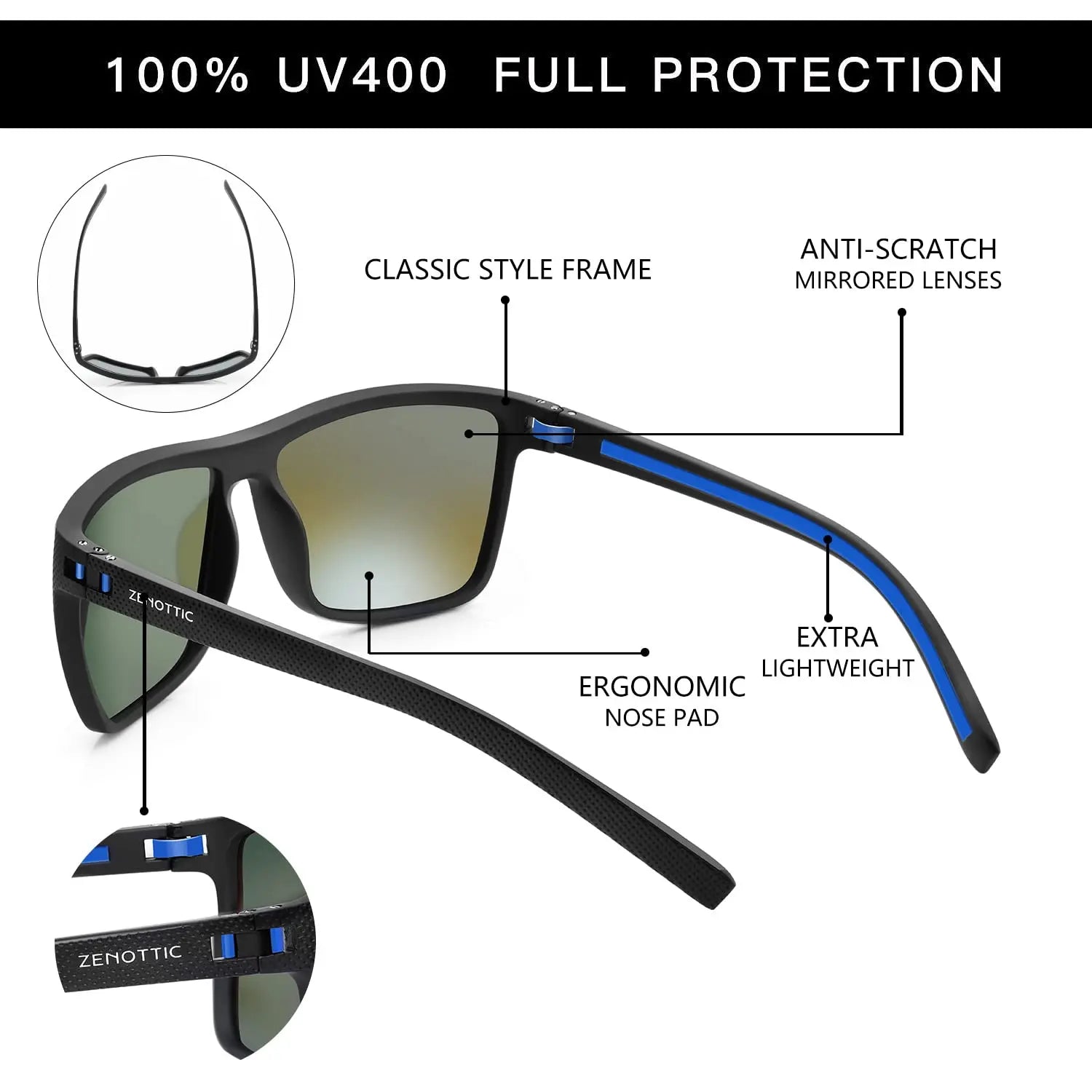 ZENOTTIC Polarized Sunglasses for Men Shades Lightweight TR90 Frame UV400 Protection Square Outdoor Travel Driving Sun Glasses