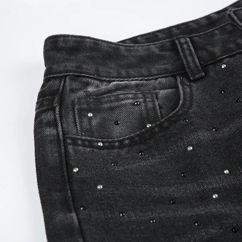 BKQU - Pantalones vaqueros rectos y holgados para mujer, cintura alta, pierna ancha, con diamantes de imitación, largos, moda urbana 2021, pantalones brillantes con diamantes