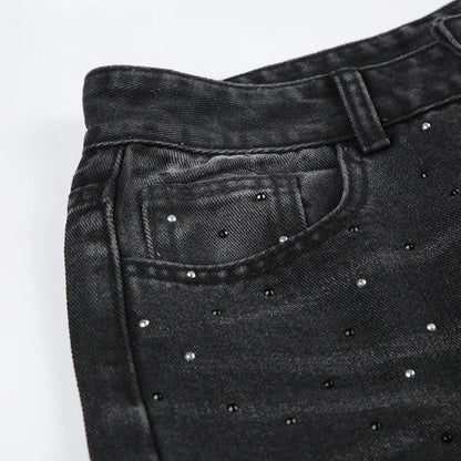 BKQU Straight Baggy Jeans Women High Waist Wide Leg Rhinestones Denim Long Pants 2023 Fashion Streetwear Diamonds Shinny Trouser