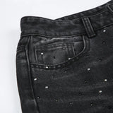 BKQU - Pantalones vaqueros rectos y holgados para mujer, cintura alta, pierna ancha, con diamantes de imitación, largos, moda urbana 2021, pantalones brillantes con diamantes