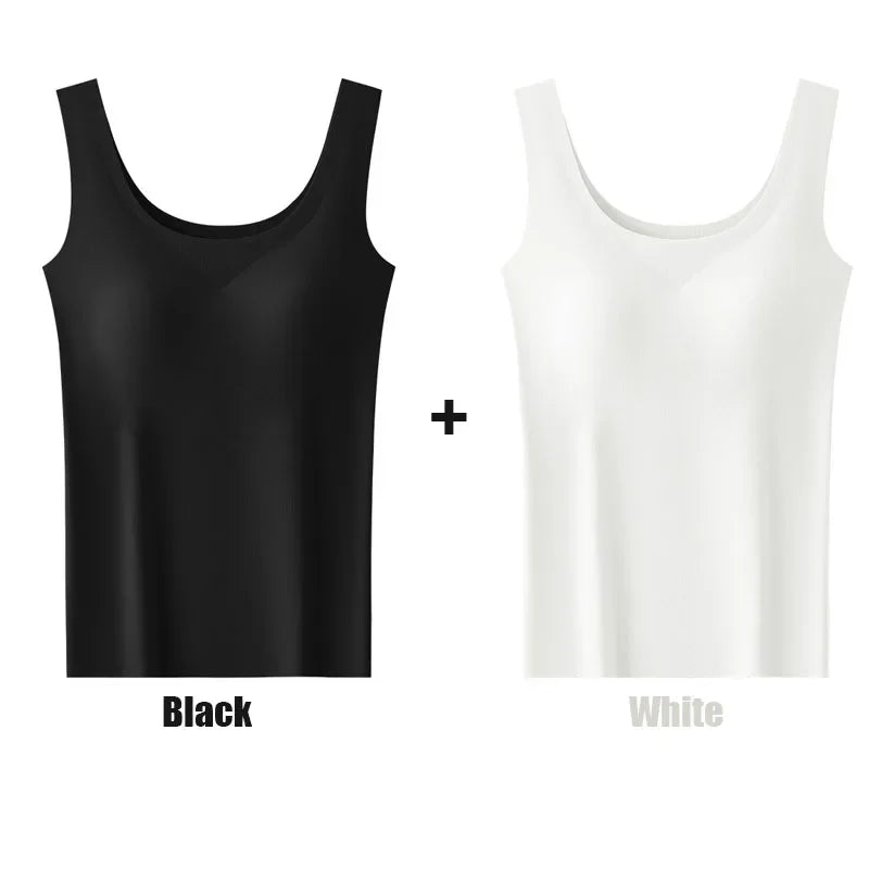 2 piezas/lote de camiseta sin mangas de seda sin costuras con almohadilla fija en el pecho para mujer, camisola sin mangas, ropa interior exterior, camisola de verano de alta elasticidad