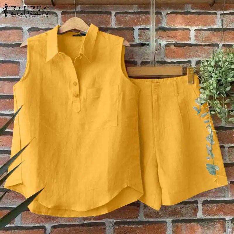 ZANZEA Fashion Sleeveless Tops Short Sets Two Piece Sets Summer Womens Outifits Beach Tracksuit Vintage Solid Cotton Pants Suits