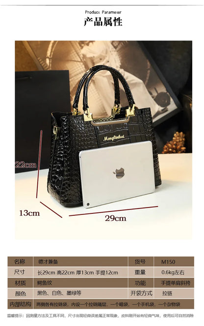 2023 New Luxury Crocodile Bag for Women Casual Tote High Qualtiy Patent Leather Shoulder Purses Elegant Dinner Noble Purse Black