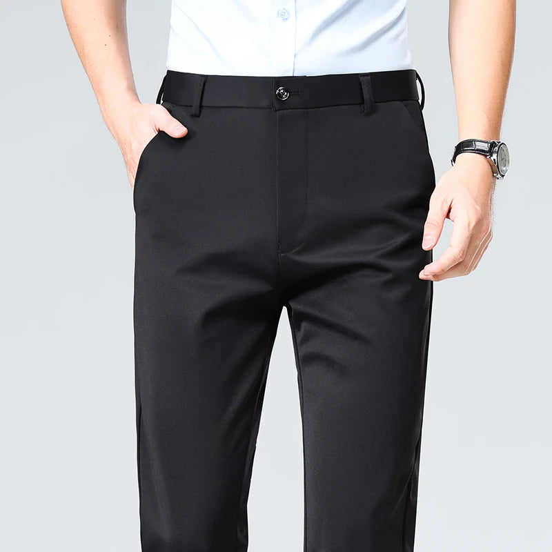 Pantalones de talla grande para hombre, pantalones de traje de negocios, pantalones de vestir formales elásticos, pantalones negros clásicos para hombre grande