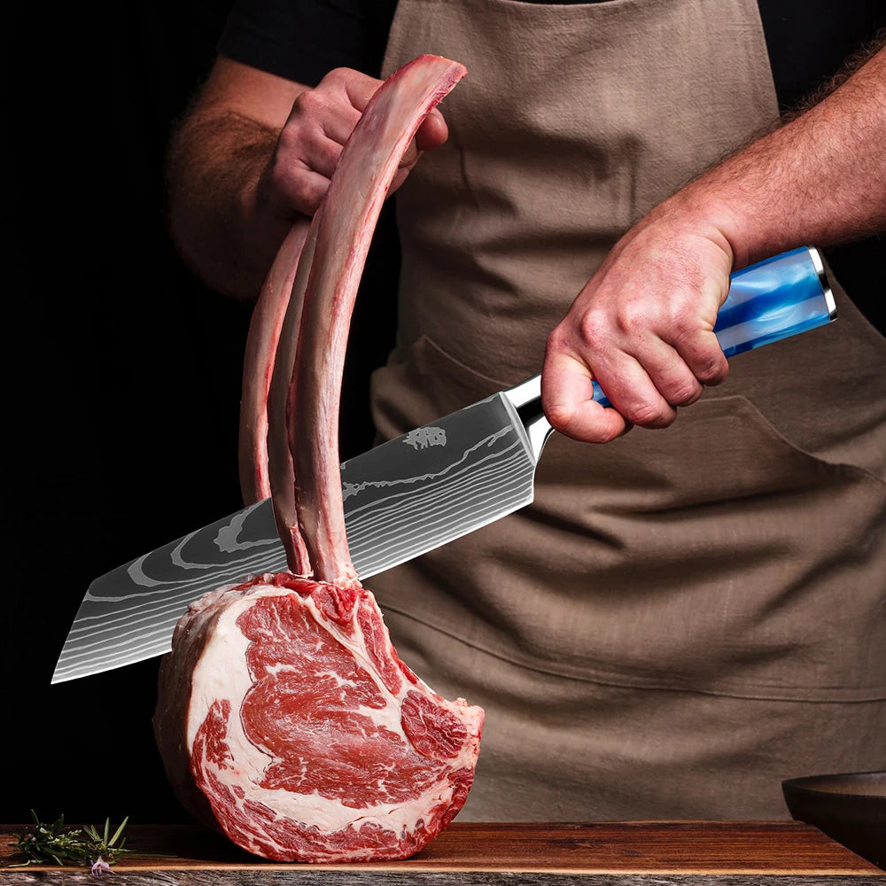 XITUO Juego de cuchillos de cocina de 1 a 8 piezas, mango de resina azul para cuchillo de chef, cuchillo de pelar, cuchillo de deshuesar, cuchillo Santoku, afilado como una navaja