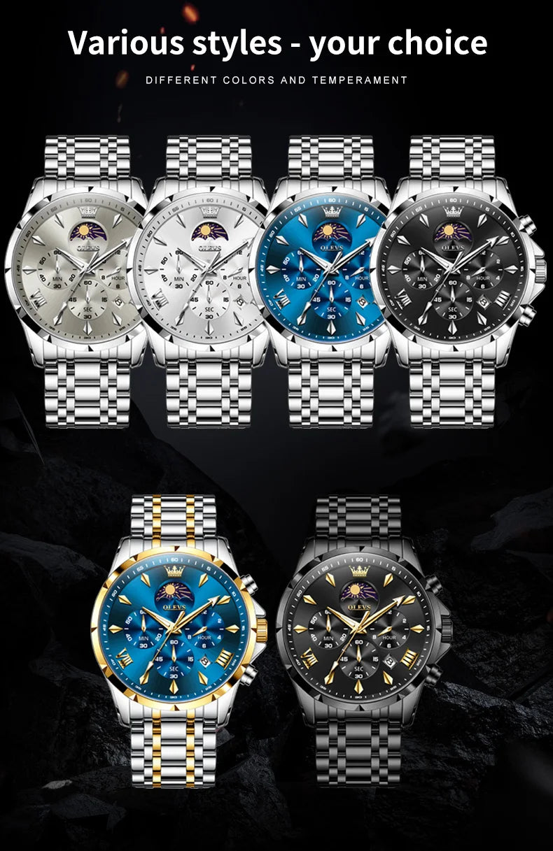 OLEVS 3653 Mens Watch Quartz Watch Multifunctional Chronograph Watch For Men 30M Waterproof Luminous Moon Phase Box Original