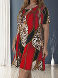 Plus Size Leopard Print Loose Dress, Casual Short Sleeve Dress For Spring &amp; Summer, Women's Plus Size Clothing