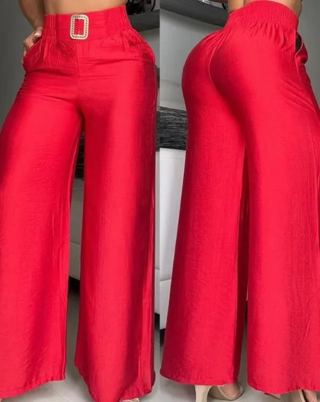 Pantalones elegantes para mujer, moda sólida, sueltos y delgados, con altavoz decorativo de metal, pantalones de pierna ancha y cintura alta para mujer, otoño 2024, nuevos