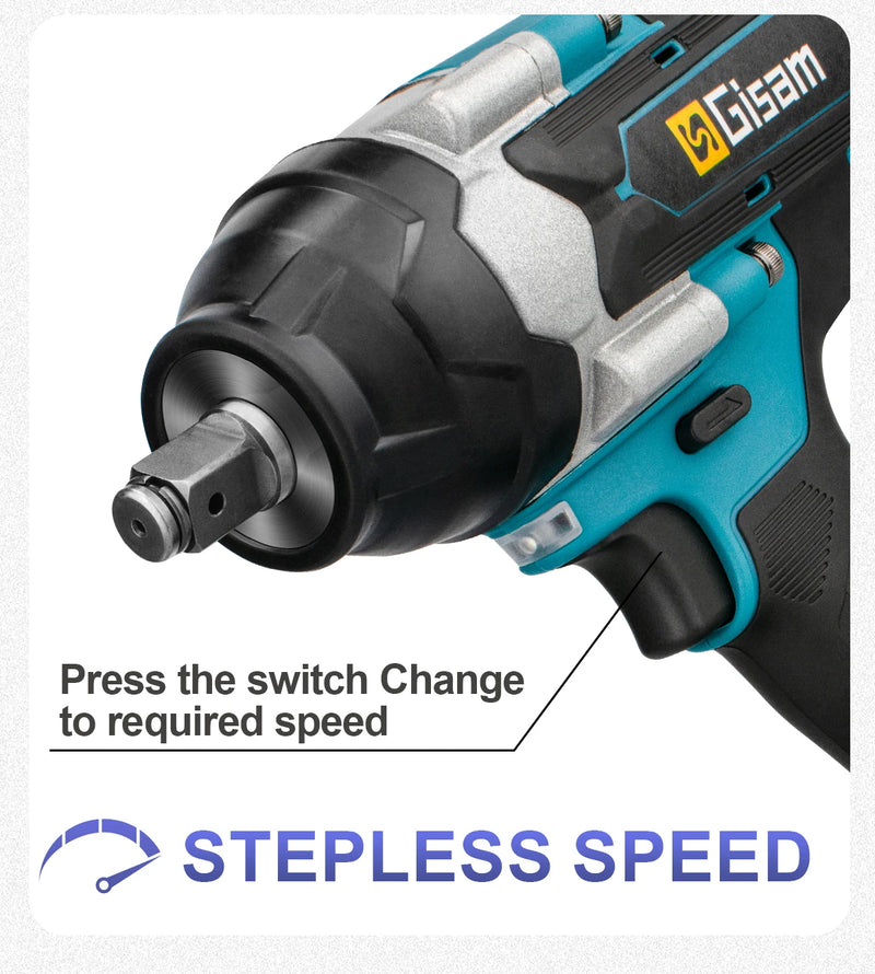 Gisam 1800N.M Torque Brushless Electric Impact Wrench 1/2 inch Screwdriver Cordless Wrench Power Tool For Makita 18V Battery Pin