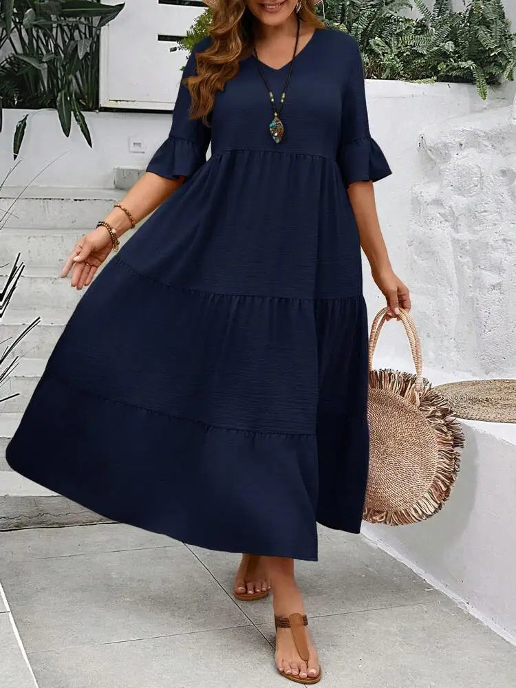 Vestido largo de talla grande, multicolor, con escote en V grande, nuevo, primavera y verano de 2024 