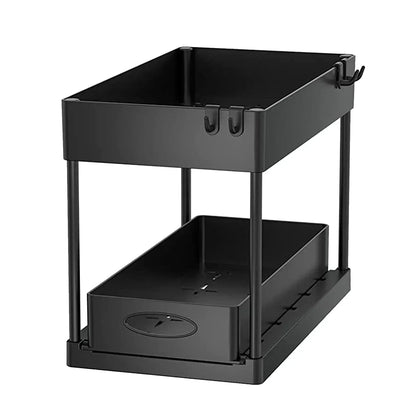 2 Tier Under Sink Organizer Sliding Cabinet Basket Organizer Storage Rack with Hooks Hanging Cup Bathroom Kitchen Organizer