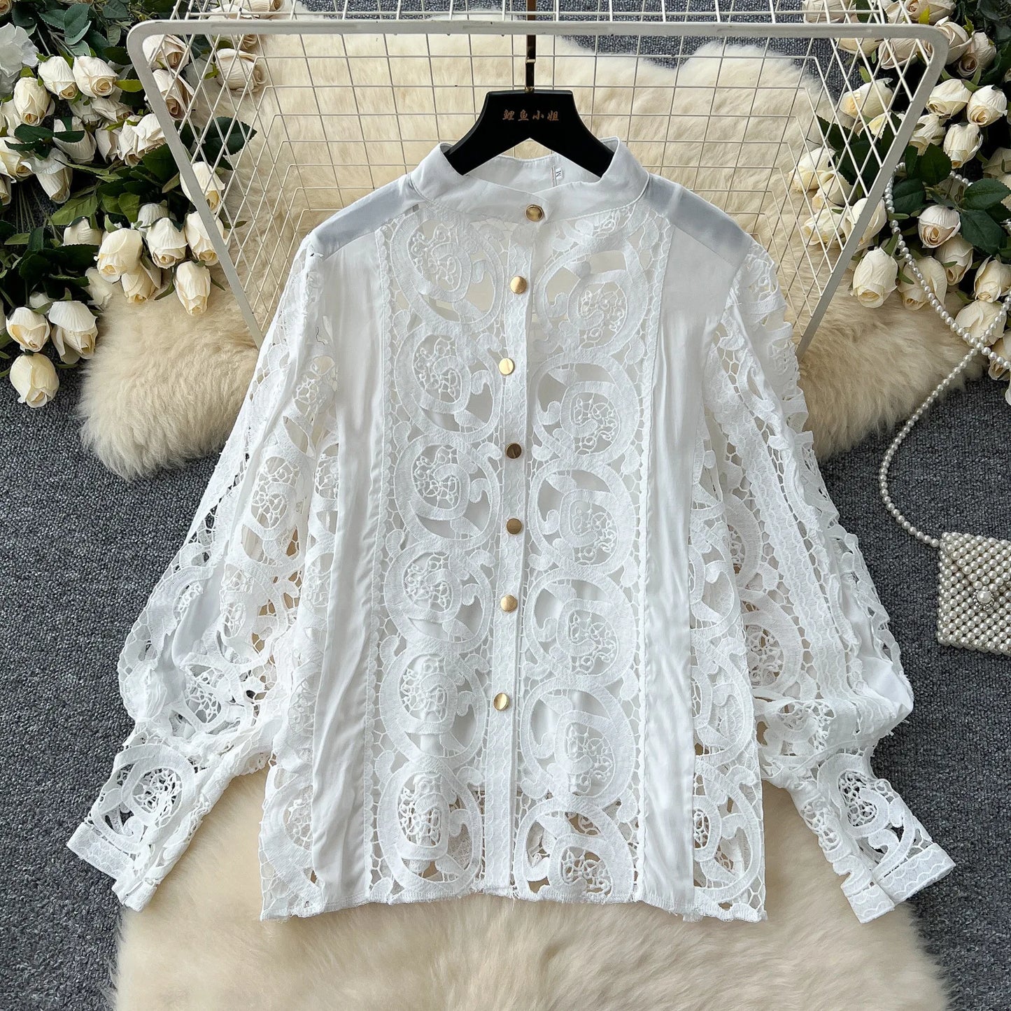 Autumn Crochet White Lace Embroidery 3 Pieces Sets Women Dress Suits Hollow Out Loose Shirt Top Elastic Waist Maxi Skirt Suit