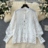 Conjunto de 3 piezas de encaje blanco bordado a crochet para mujer, vestido, camisa holgada con aberturas, top y falda larga con cintura elástica