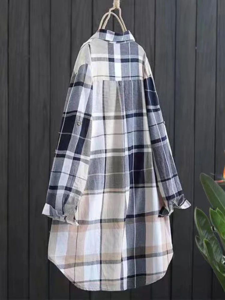 Blusas de algodón a cuadros de longitud media para otoño, informales, nuevas, con botones sueltos, para mujer, moda coreana, camisa elegante de manga larga para invierno