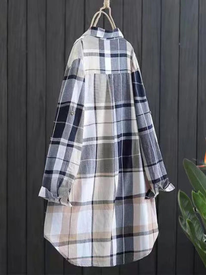 Blusas de algodón a cuadros de longitud media para otoño, informales, nuevas, con botones sueltos, para mujer, moda coreana, camisa elegante de manga larga para invierno