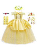 Girls Belle Cosplay Costumes Girls Dresses for Beauty Kids Party Clothing Magic Stick Crown Children Yellow Dress and The Beast