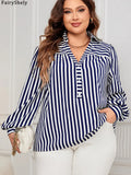Fairyshely Spring Woman Stripe Print Plus Size Shirt Lady Long Sleeve Large T-shirt Autumn Elegant Loose Curvy Pullover Tops