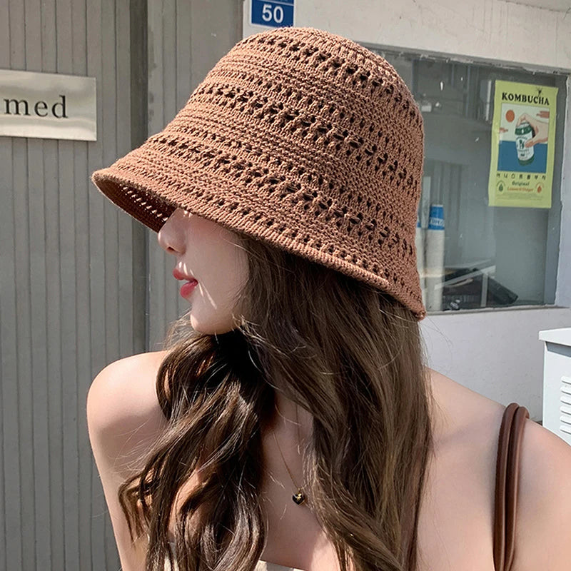 Summer Bucket Hat Fisherman Hat Women Hollow Out Sun Hat Outdoor Casual Versatile Panama Hats Crochet Foldable Caps Beach Cap