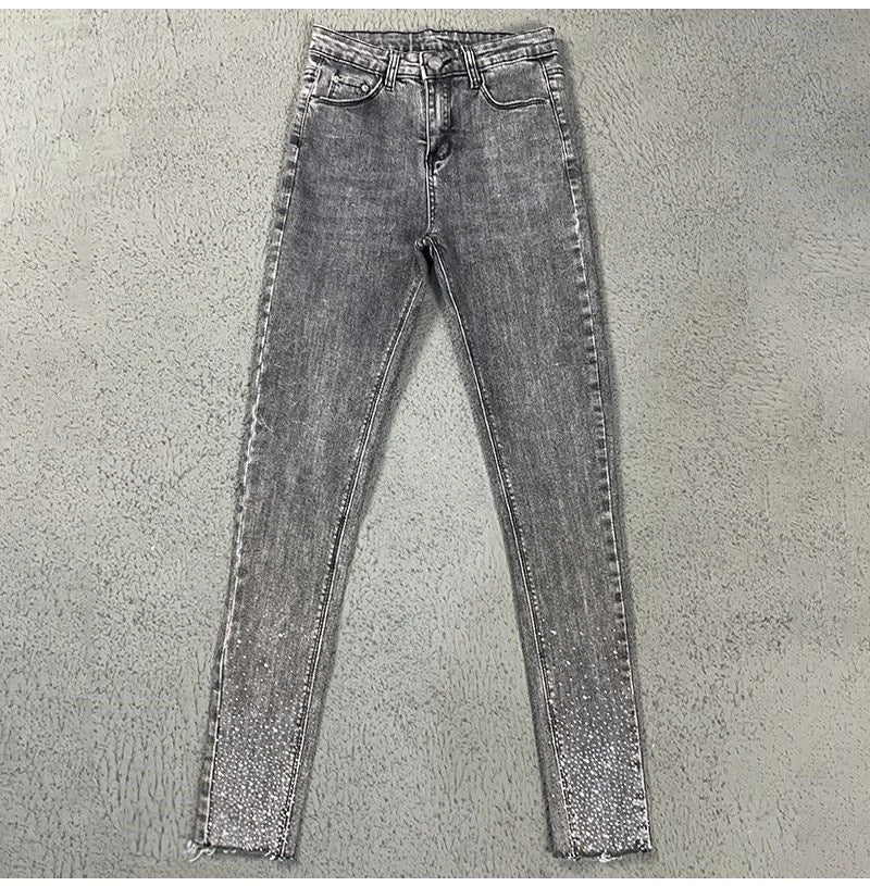 Spring Summer 2024 New Fashion Harem Denim Pants Female Rhinestones Korean Version High Waist Slim Elastic Jeans Pencil Pants