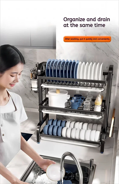 25NEW Dish Drying Rack 2-Tier Compact Kitchen Dish Rack Drainboard Set Large Rust-Proof Dish Drainer with Utensil Holder