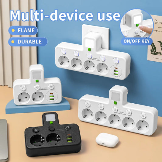 EU Plug Outlet 5 Sockets Electrical Socket No Extension Cord With or without USB Type-C Ports Two specifications