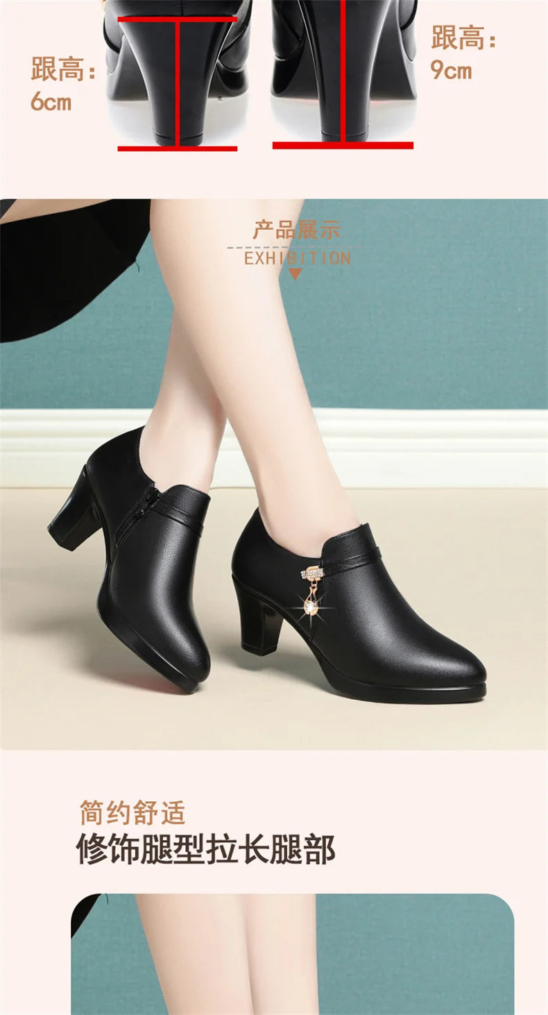 Comfortable Fashion Deep Mouth Soft Leather Women's Platform Shoes 2024 Fall Med Block Heels Single Shoes for Office Mom