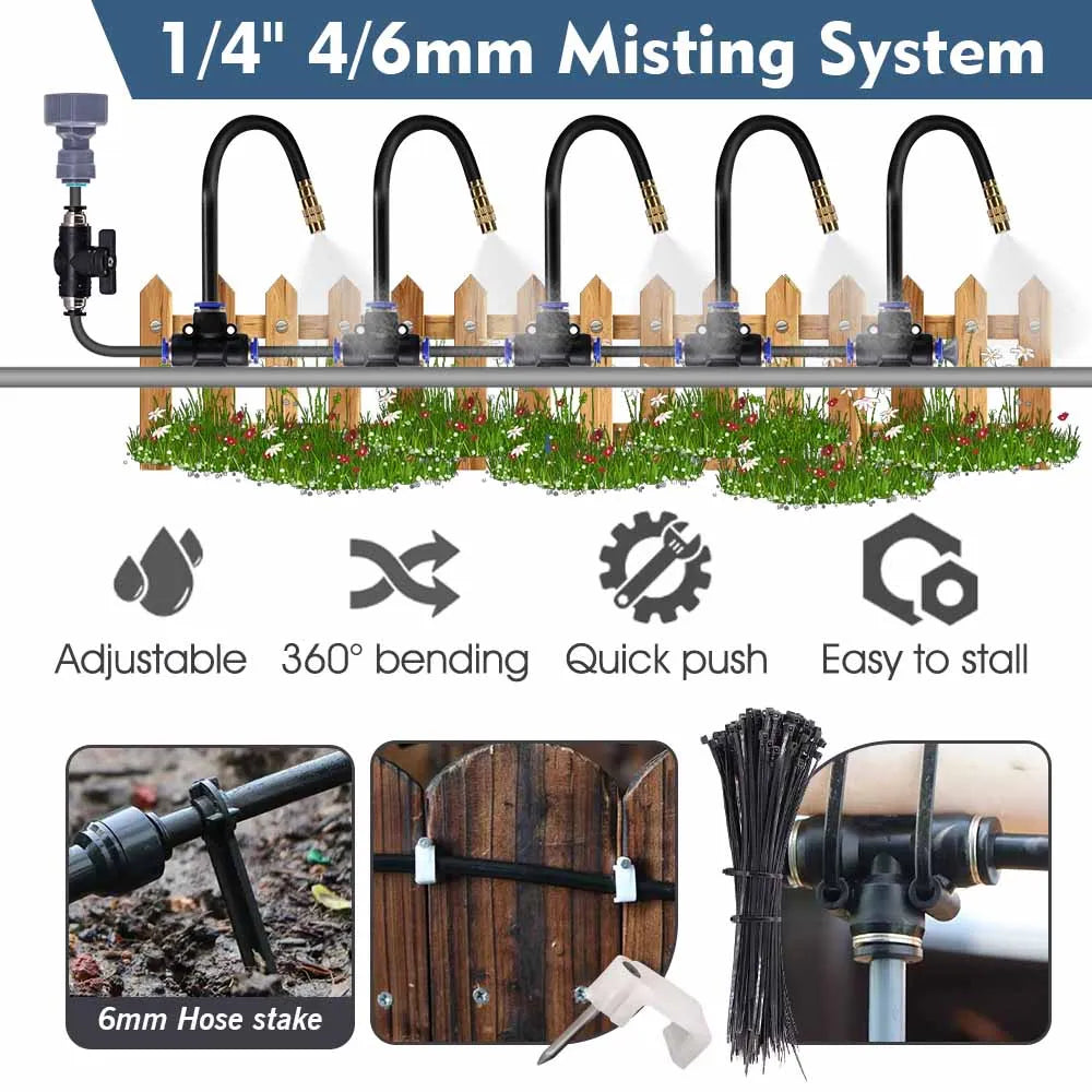 30-5m 1/4" 4/6mm Misting Cooling System 360° Free-bend Adjustable Nozzle Atomizer Sprayer for Outdoor Garden Irrigation Watering