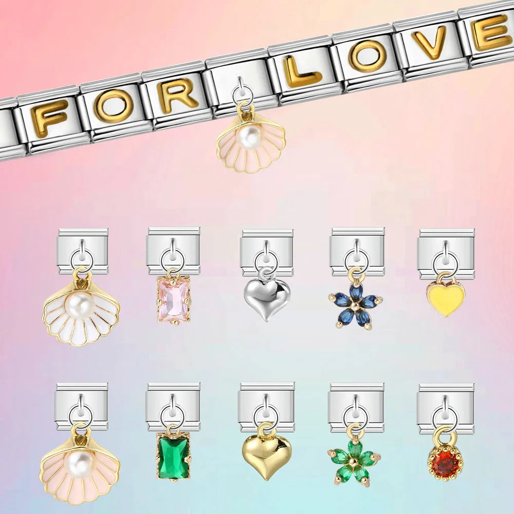 Pulsera con dijes italianos, nueva serie de colgantes, concha, perla de imitación, corazón, cadena personalizada, Y2k, fabricación de joyas DIY