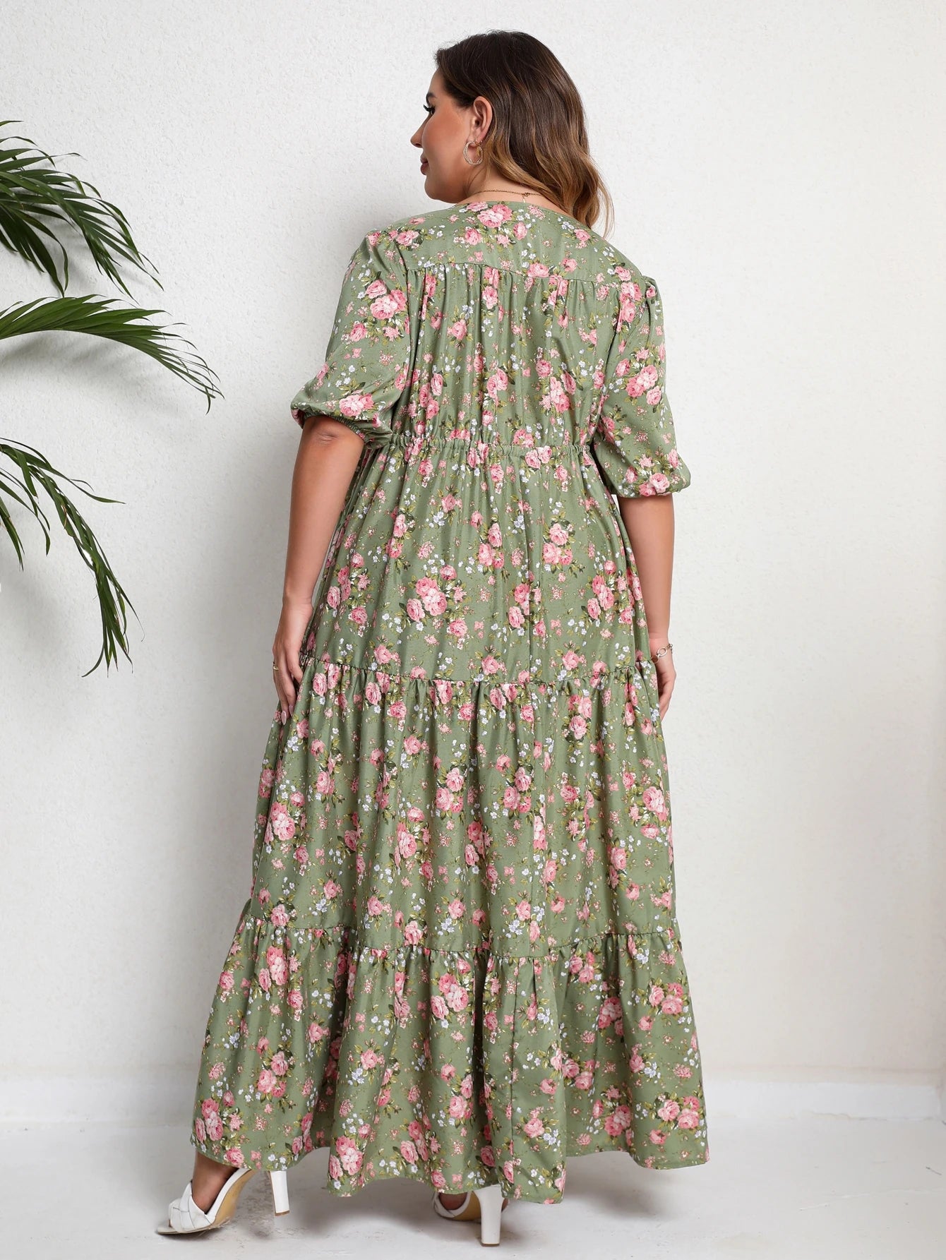 Vestido longo estampado floral para mulheres, tamanho grande, meia manga, bainha dividida, maxi, pescoço em v