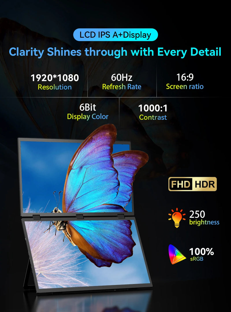 Cdisplay 15.6" Dual Portable Monitor 1080P FHD Laptop Screen Extender Folding Stacked Dual Monitors for Laptop PC Windows Mac