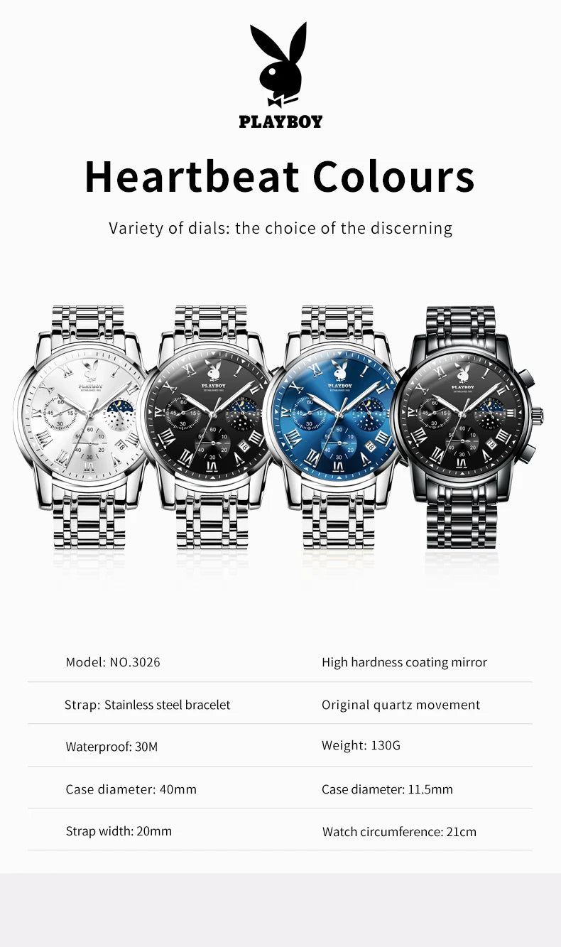 PLAYBOY Best Selling Fashion Luxury Quartz Watch for Men Original Stainless Steel Multifunction Waterproof Men's Wrist Watches