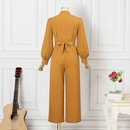 Plus Size 5XL VONDA Elegant Jumpsuist Women 2024 Autumn Polka Dot Rompers Long Lantern Sleeve Casual Long Overalls Playsuits