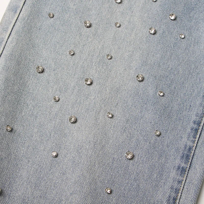 BKQU Straight Baggy Jeans Women High Waist Wide Leg Rhinestones Denim Long Pants 2023 Fashion Streetwear Diamonds Shinny Trouser
