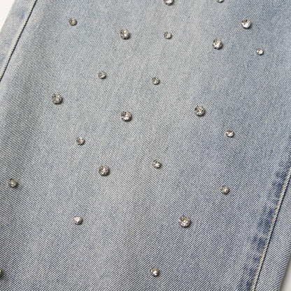 BKQU Straight Baggy Jeans Women High Waist Wide Leg Rhinestones Denim Long Pants 2023 Fashion Streetwear Diamonds Shinny Trouser