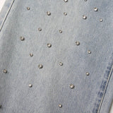 BKQU - Pantalones vaqueros rectos y holgados para mujer, cintura alta, pierna ancha, con diamantes de imitación, largos, moda urbana 2021, pantalones brillantes con diamantes