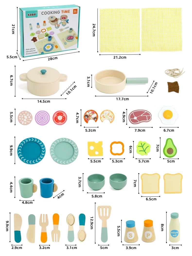 Juego de cocina de madera Montessori con platos y accesorios, ideal como regalo para niños pequeños a partir de 3 años.